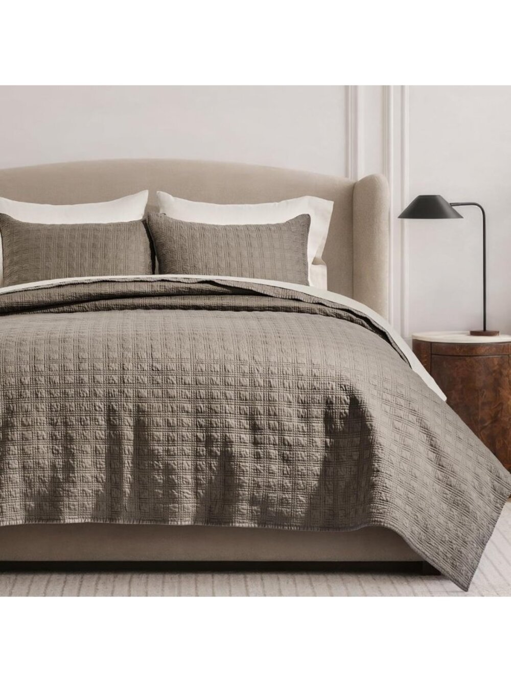 Cozy Cotton Sateen King Quilt Set - Windowpane Design in Mocha Brown